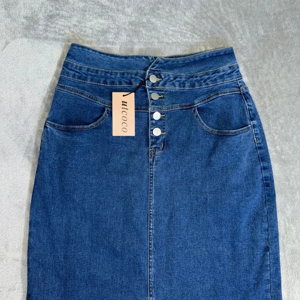 Denim Midi Skirt Button Front High Waist Slit Dark Wash Blue Women's Medium - Picture 2 of 7